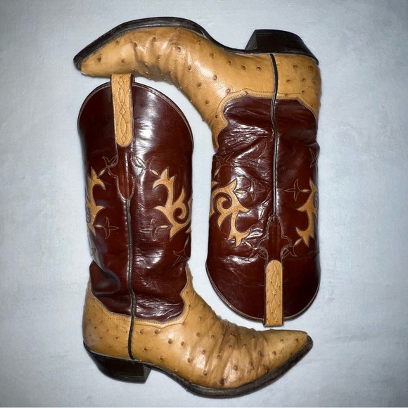 Sterling Brown and Tan Two-Tone Ostrich Leather Pointed Toe Cowboy Boots - Picture 7 of 11